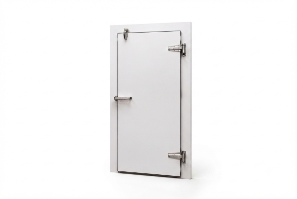 Commercial replacement walk-in cooler door with hinges, latch, closer, and insulated frame